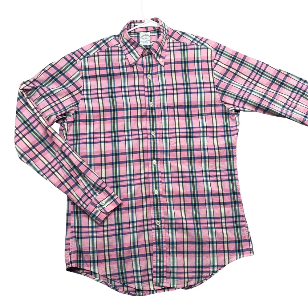 Brooks Brothers Button Down Men M Pink Plaid Slim Fit Original Polo Shirt